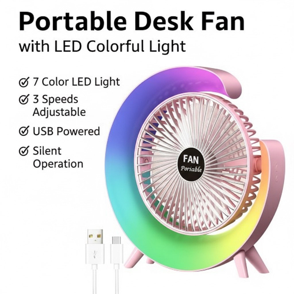 USB Rechargeable Desktop Fan, Portable, Quiet Table Fan with Colorful LED Lights