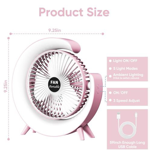 USB Rechargeable Desktop Fan, Portable, Quiet Table Fan with Colorful LED Lights_2