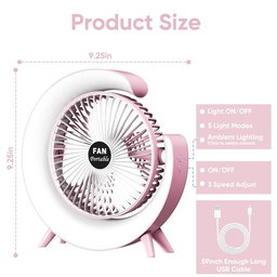 USB Rechargeable Desktop Fan, Portable, Quiet Table Fan with Colorful LED Lights