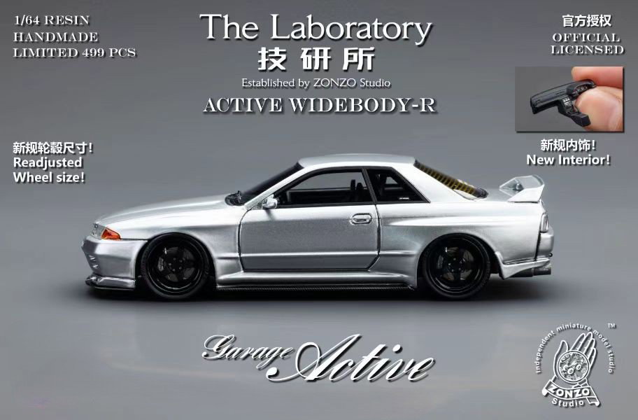 THE LABORATORY MODEL 1/64 SKYLINE R32 WIDEBODY GARAGE ACTIVE - TITANIUM SILVER_1