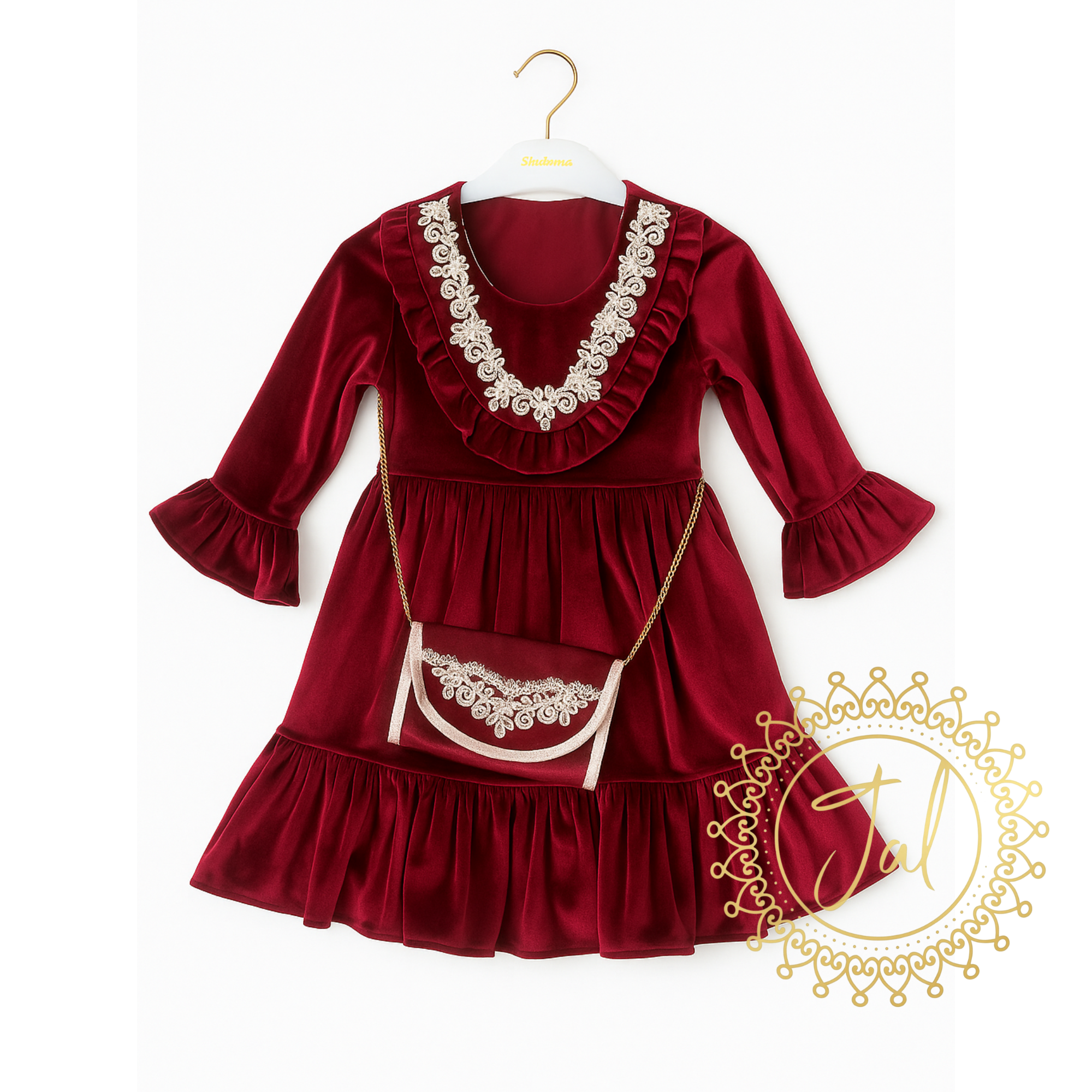 Baby Velvet Dress with Lace & Mini Purse_1