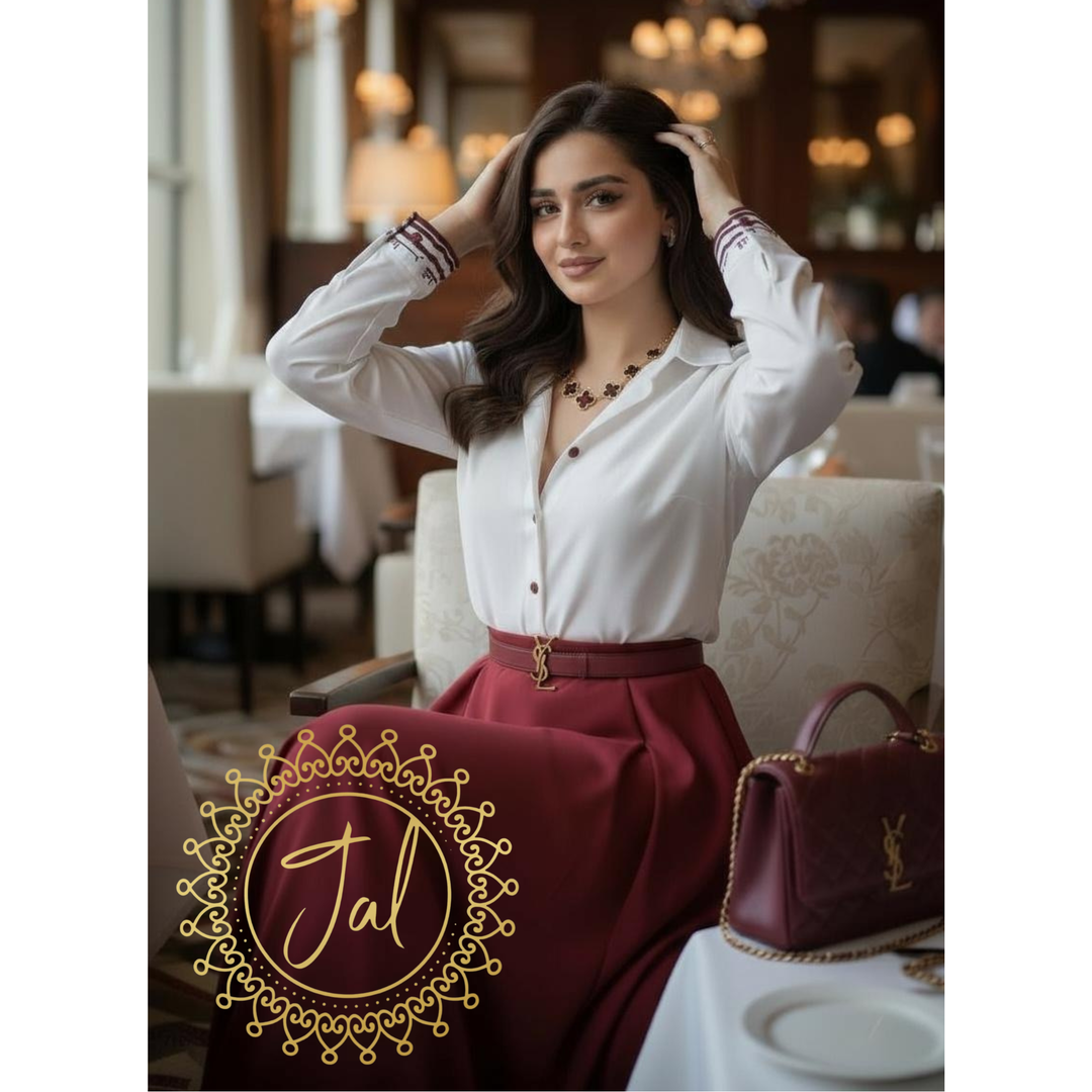 White Top Maroon Skirt Dress
