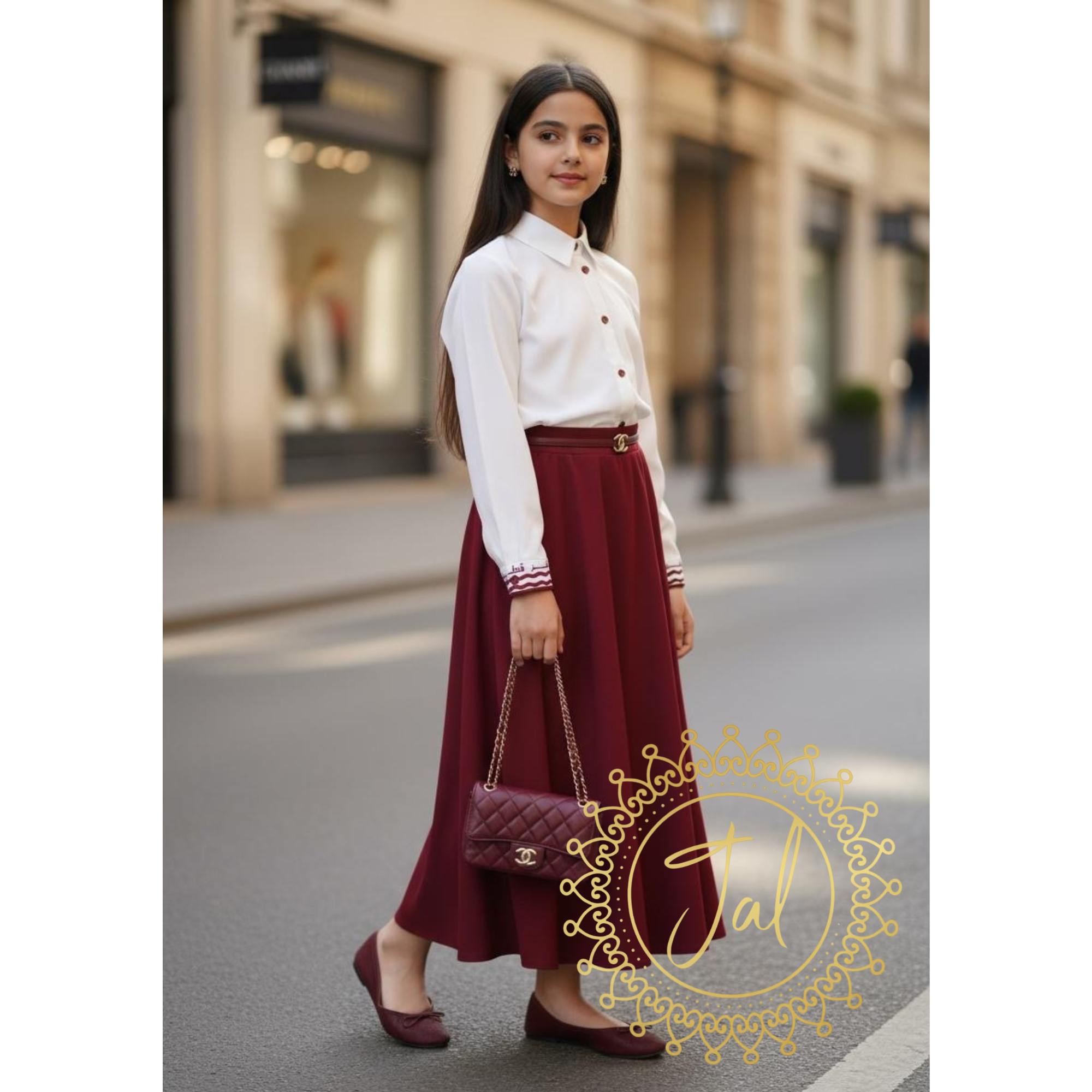 White Top Maroon Skirt Dress_2