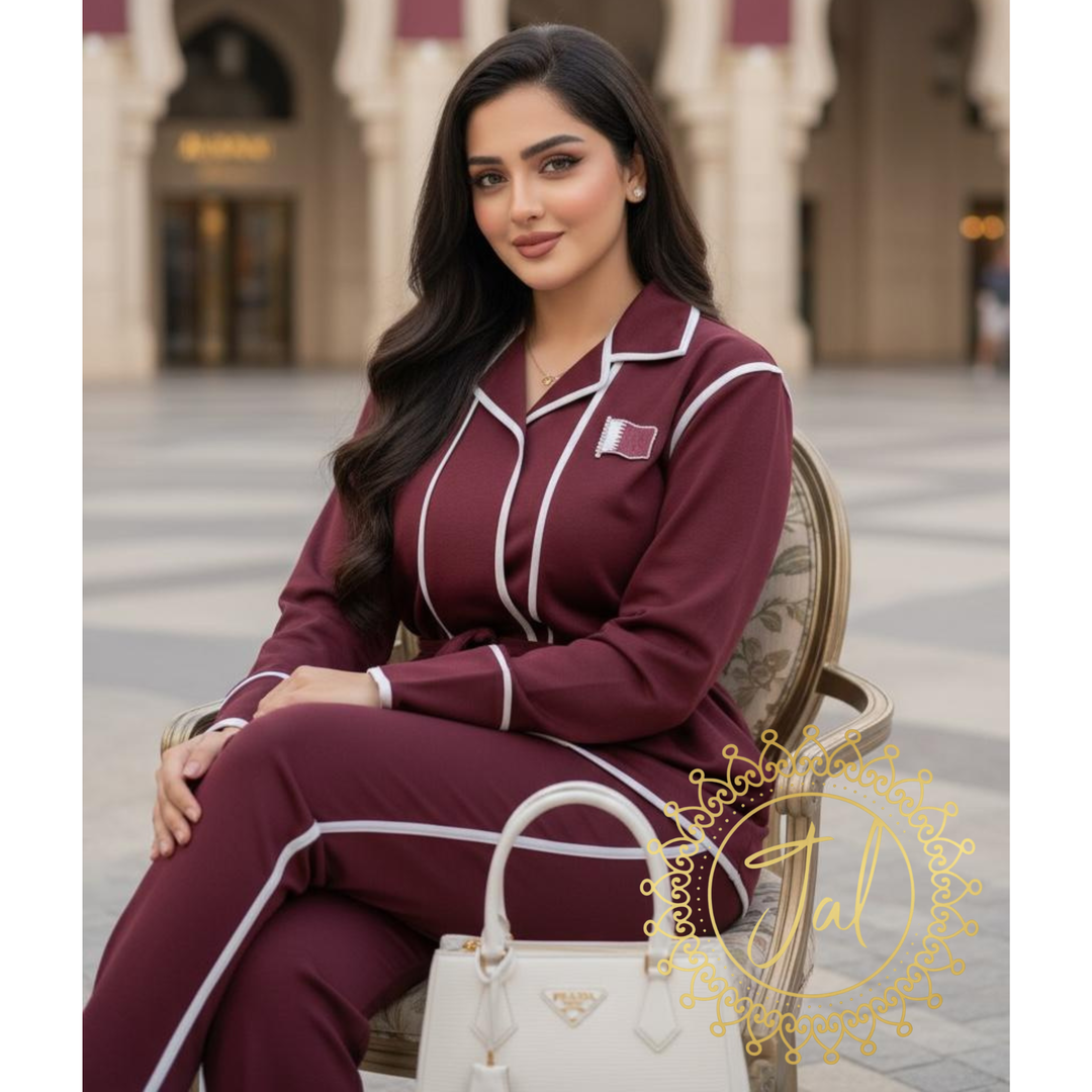 Maroon Two-Piece Belted Suit with White Piping