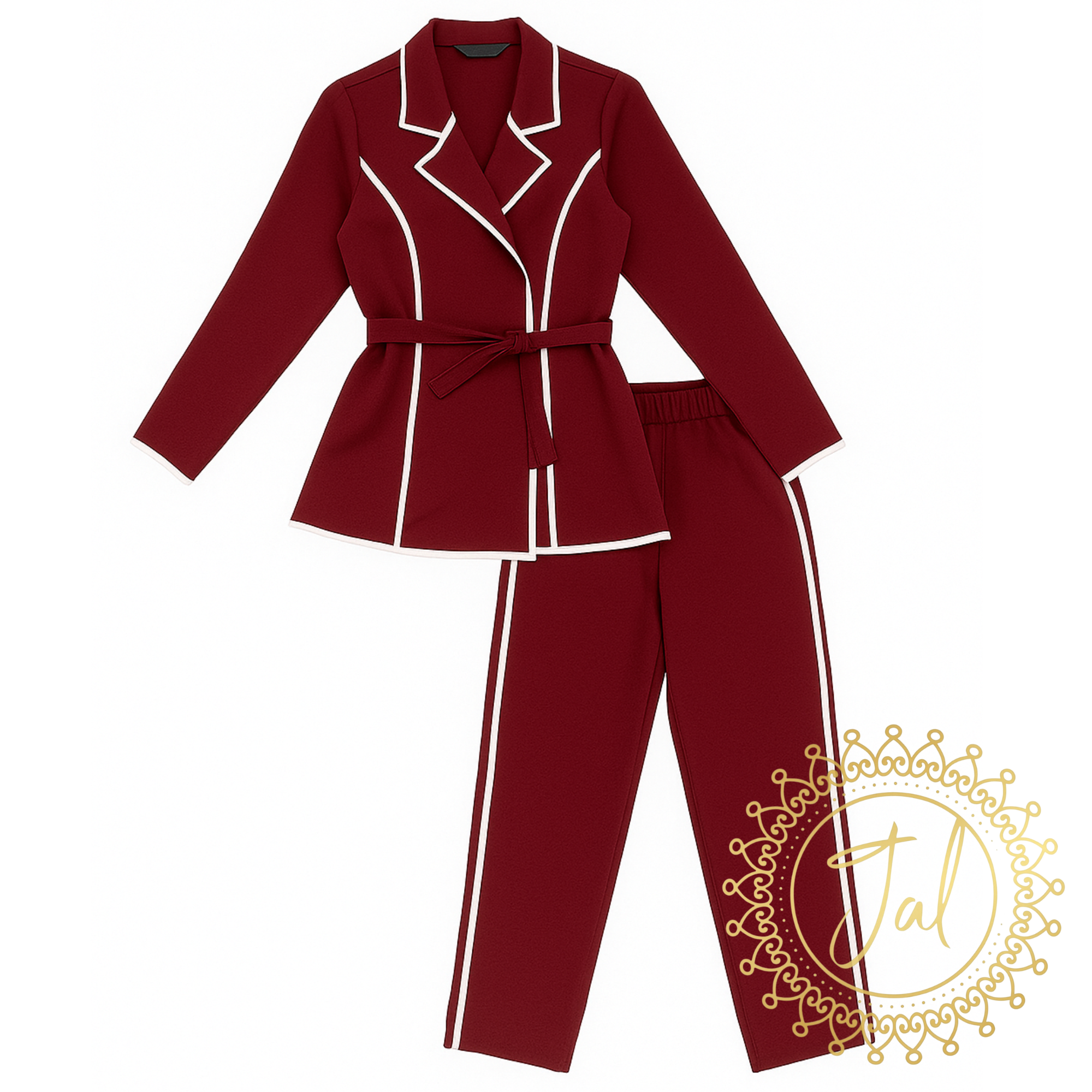Maroon Two-Piece Belted Suit with White Piping_2