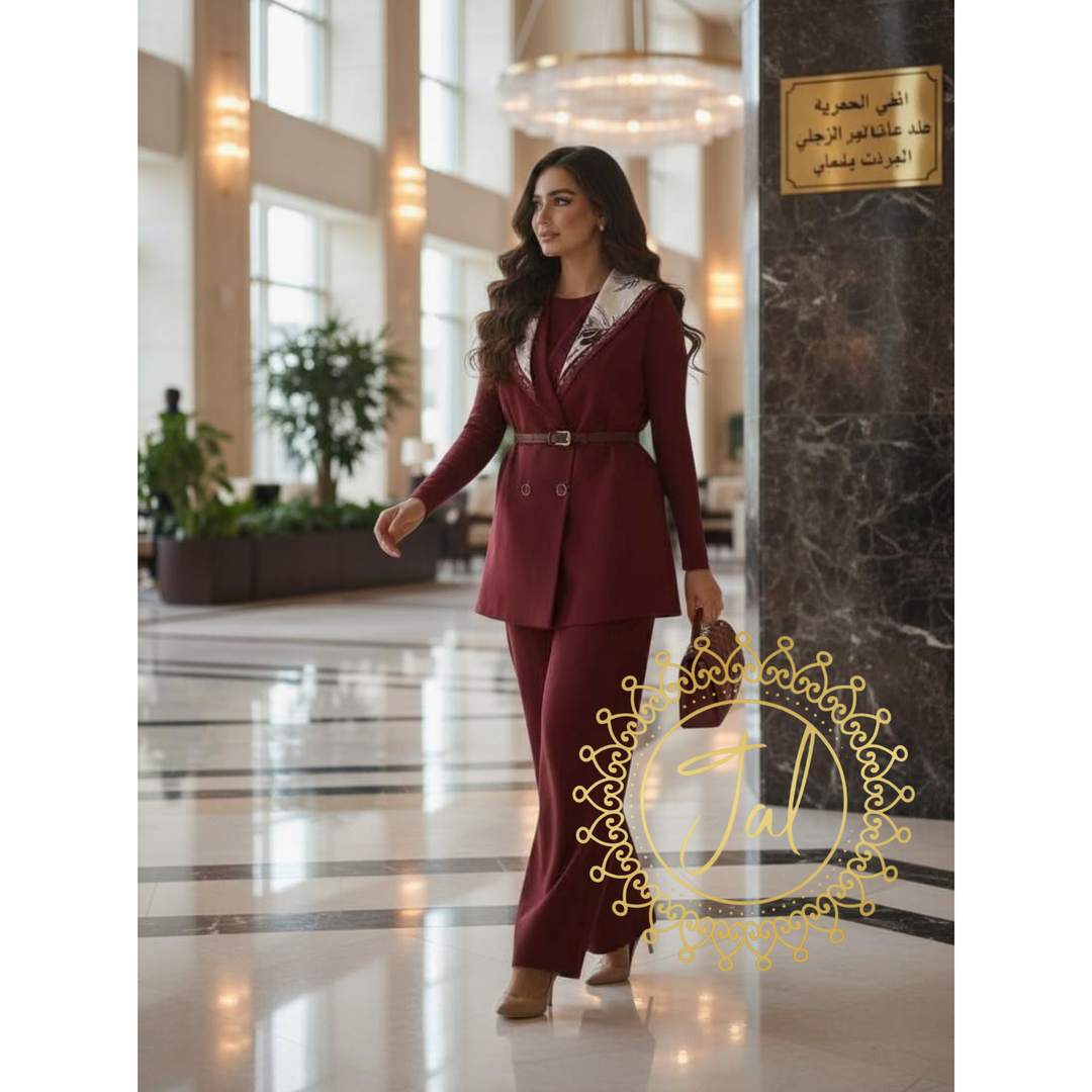 Belted Sleeveless Pantsuit with Printed Scarf