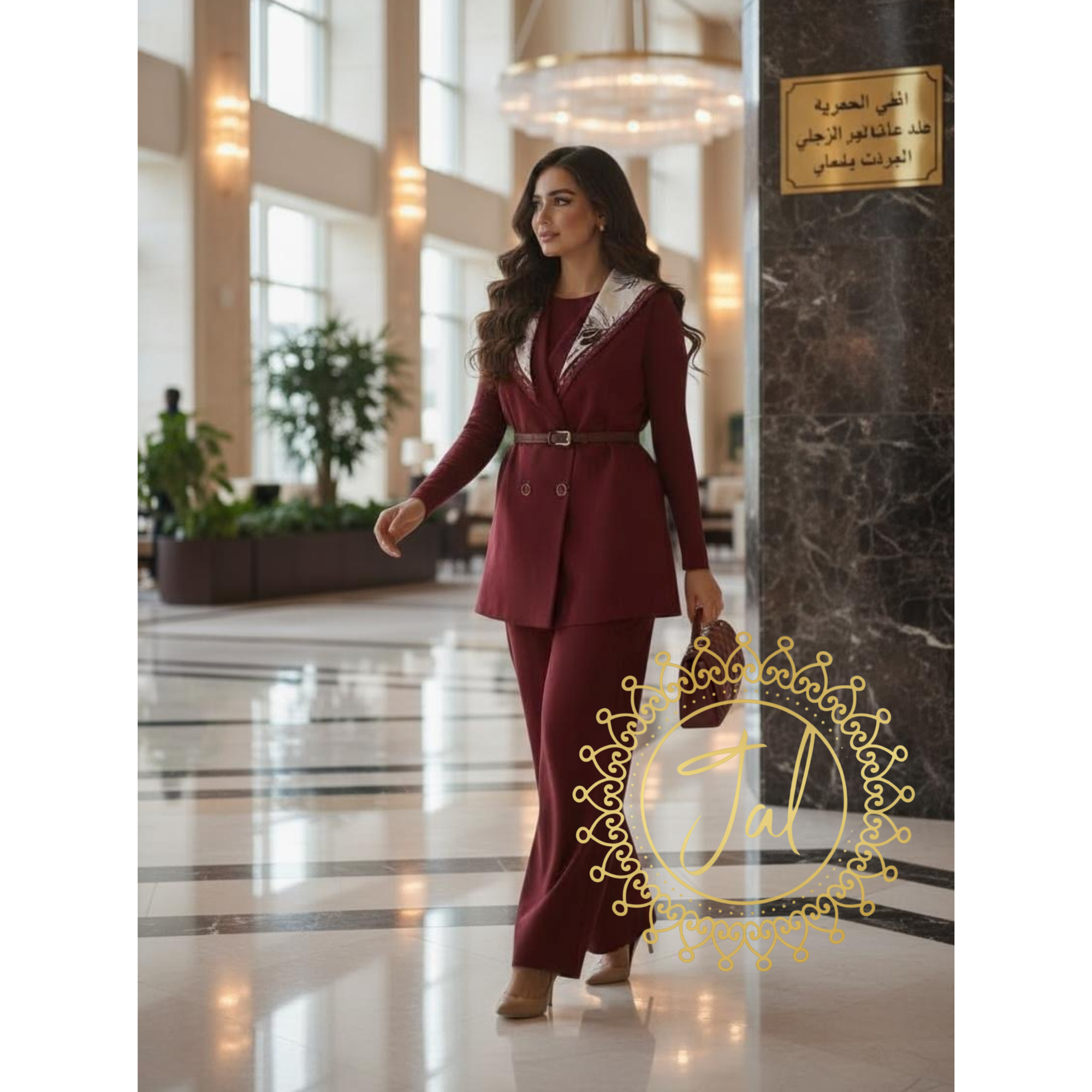Belted Sleeveless Pantsuit with Printed Scarf_0