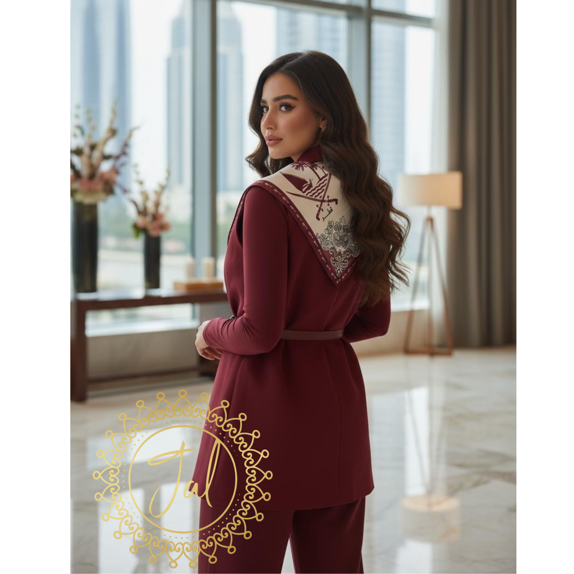 Belted Sleeveless Pantsuit with Printed Scarf_1