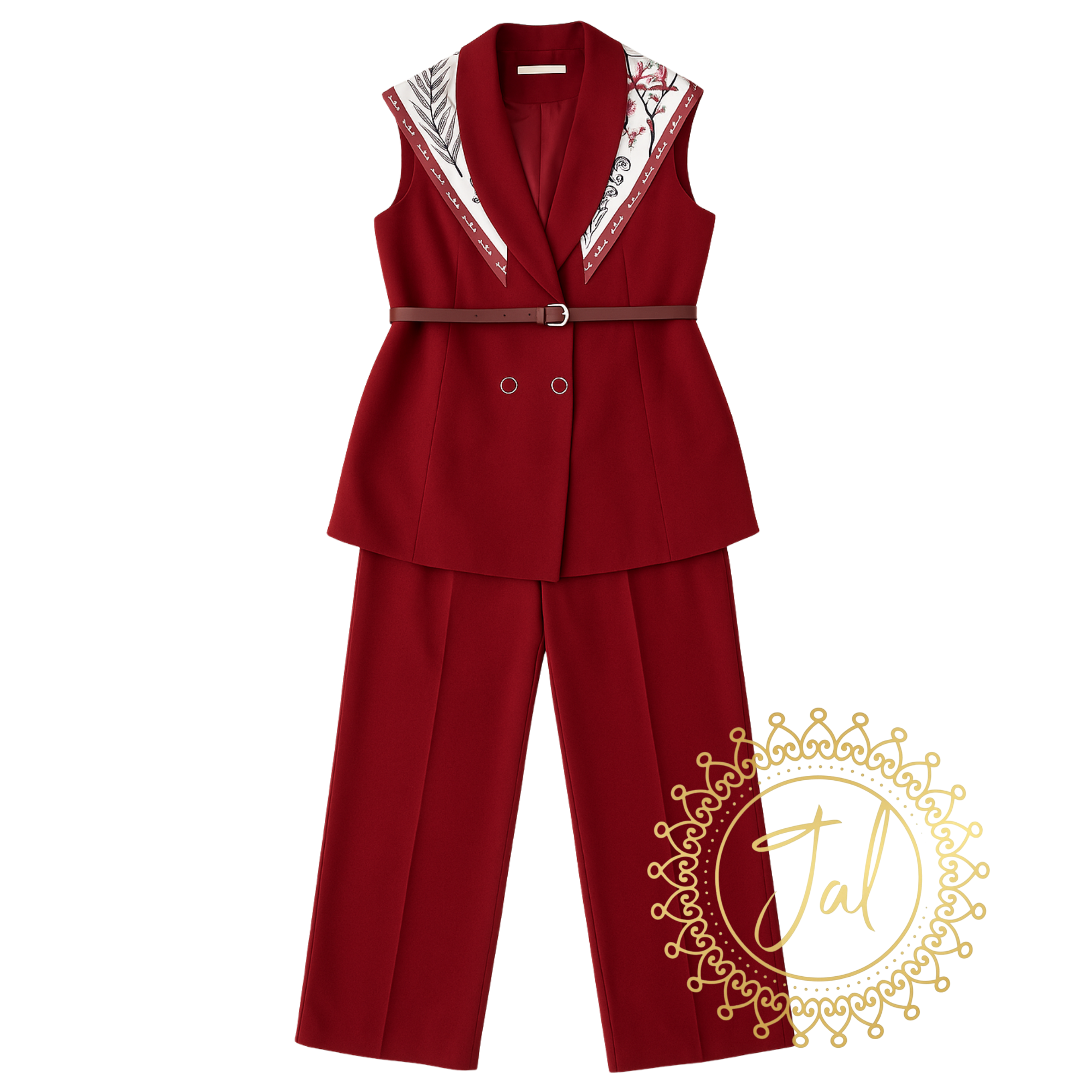Belted Sleeveless Pantsuit with Printed Scarf_2