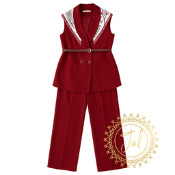 Belted Sleeveless Pantsuit with Printed Scarf
