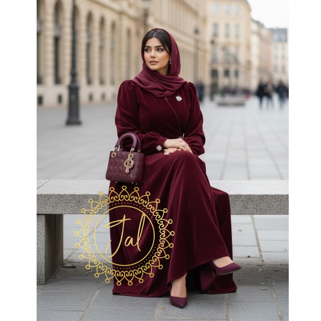 Maroon Velvet Embellished abaya