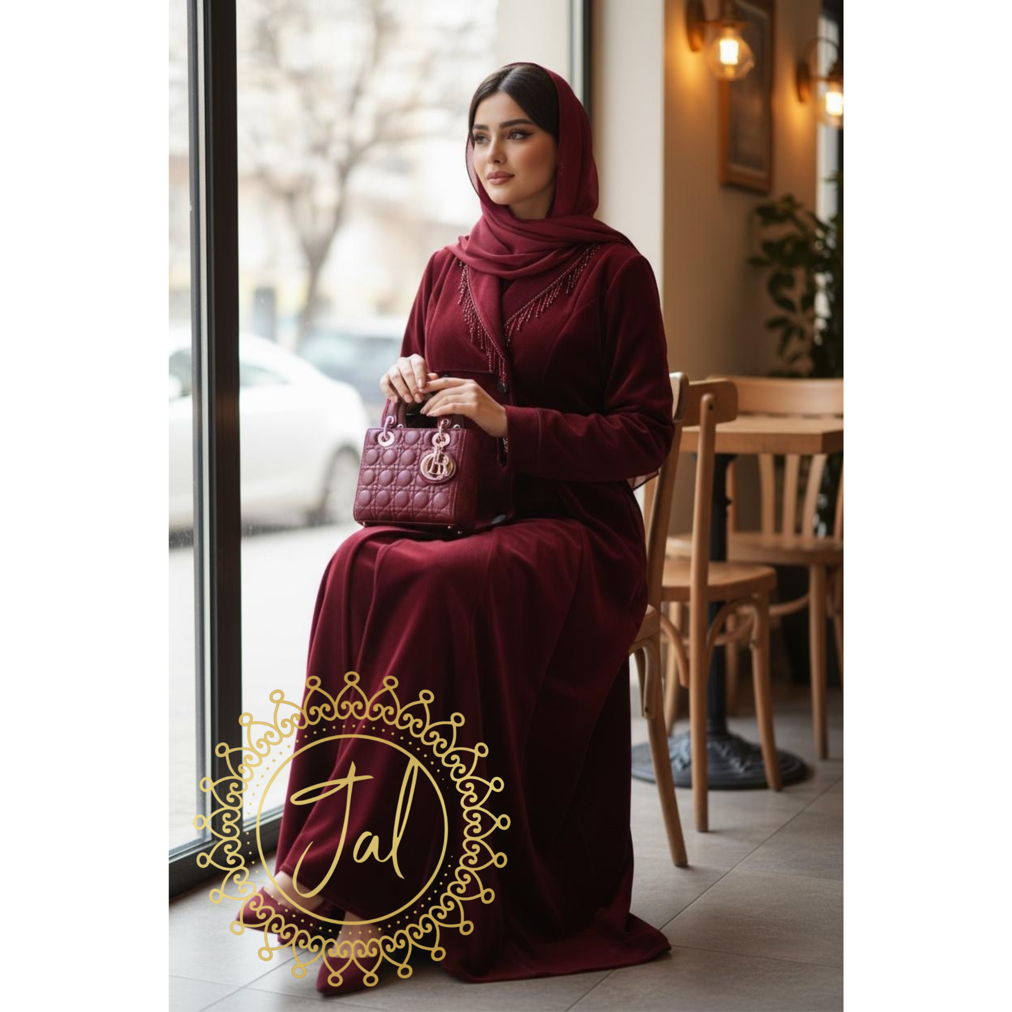 Maroon Velvet Crystal Button abaya_1