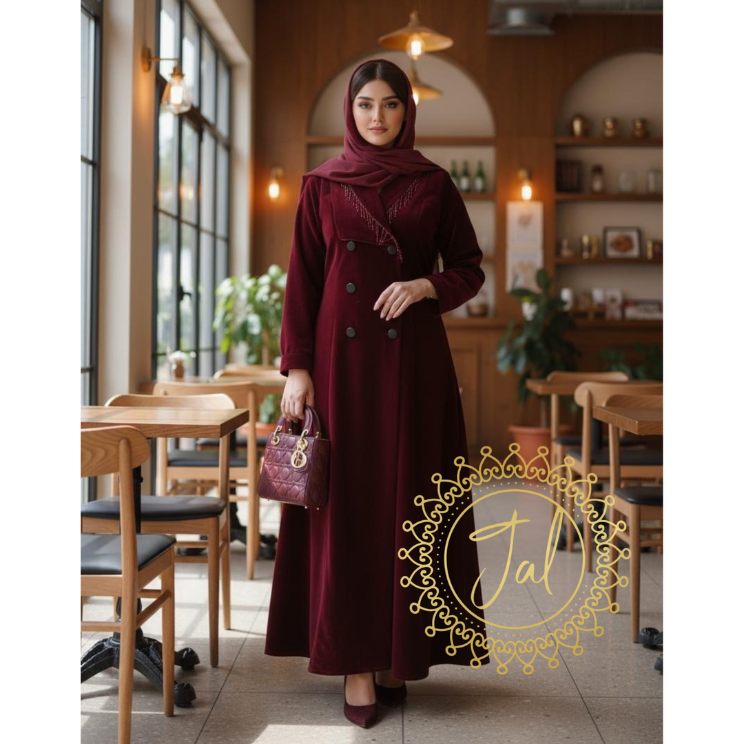 Maroon Velvet Crystal Button abaya