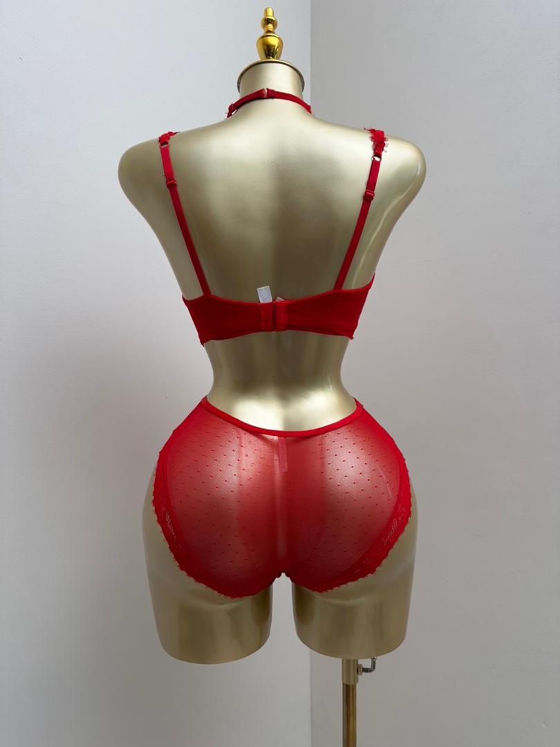 Lingerie Abidjan - Ensemble Dessous Rouge Sexy 3 Pièces Dentelle et Choker._1