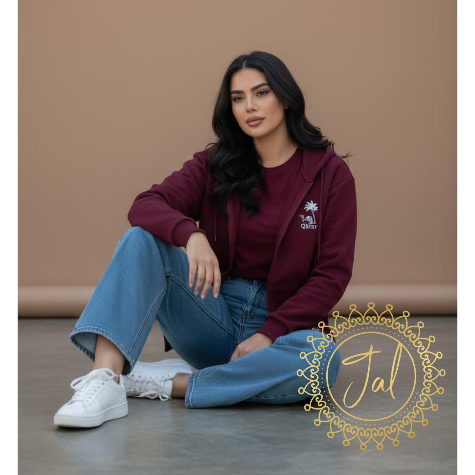 maroon Qatar printed zip up hoodie_1