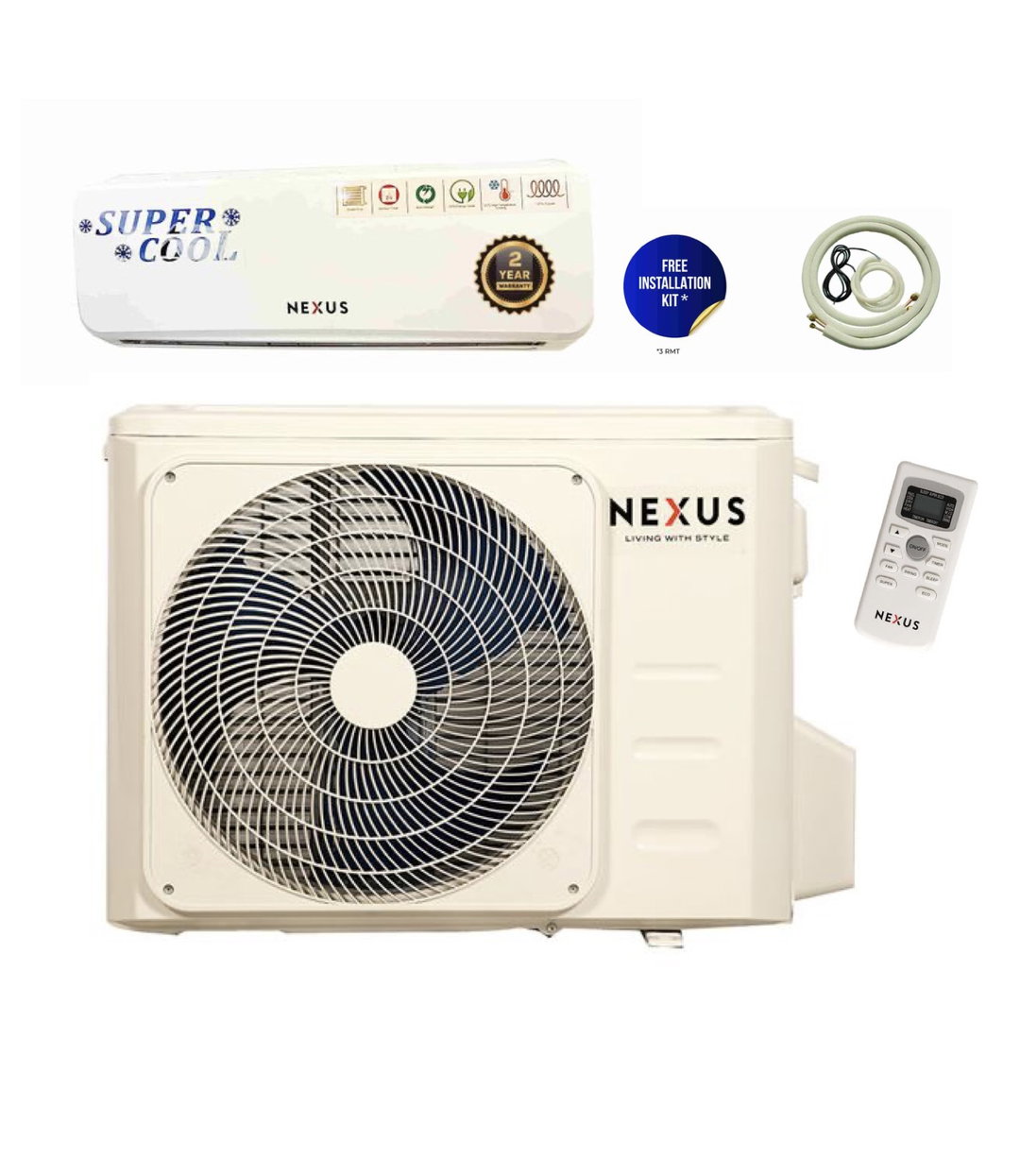 Nexus 1HP Split Air Conditioner (NX-MSSH9000SC) - White + Full Installation Kit & 2 Years Warranty