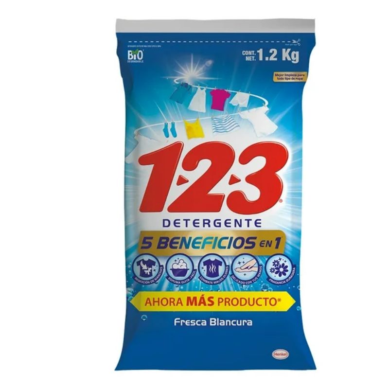 Detergente en Polvo 123 Fresca Blancura 1.2 Kg