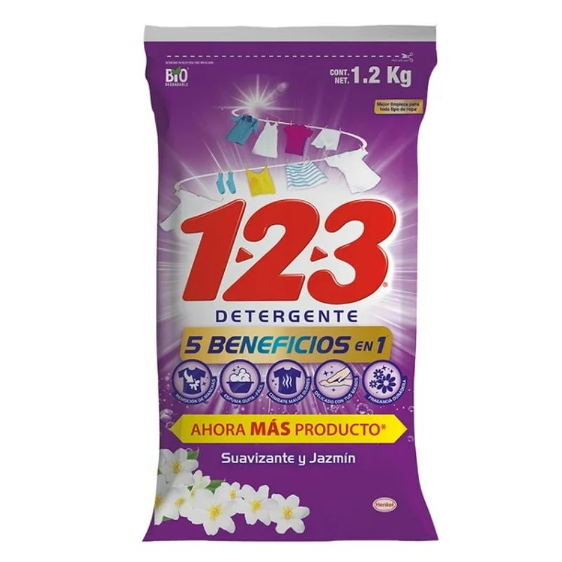 Detergente en Polvo 123 Suavizante y Jazmín 1.2 Kg