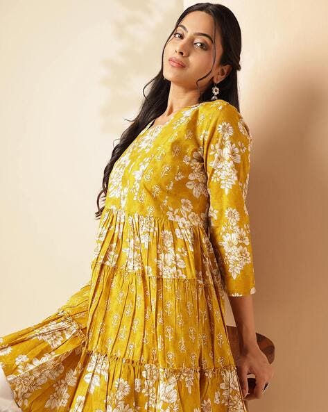 Yellow Floral Print Anarkali Cotton Tunic Top