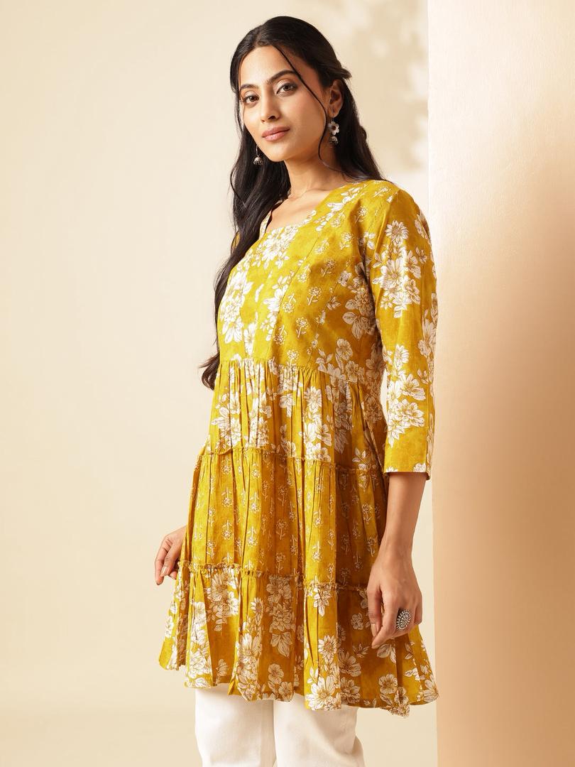 Yellow Floral Print Anarkali Cotton Tunic Top_2