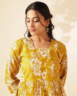 Yellow Floral Print Anarkali Cotton Tunic Top