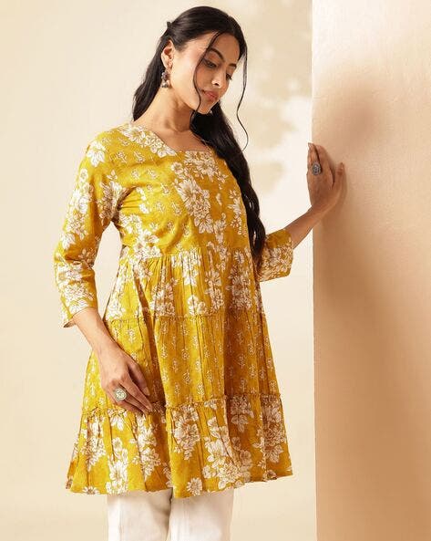 Yellow Floral Print Anarkali Cotton Tunic Top_3