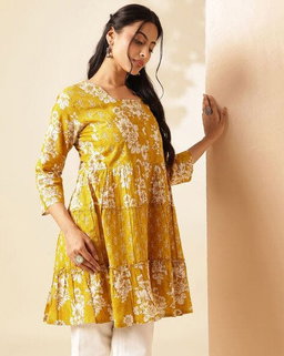 Yellow Floral Print Anarkali Cotton Tunic Top