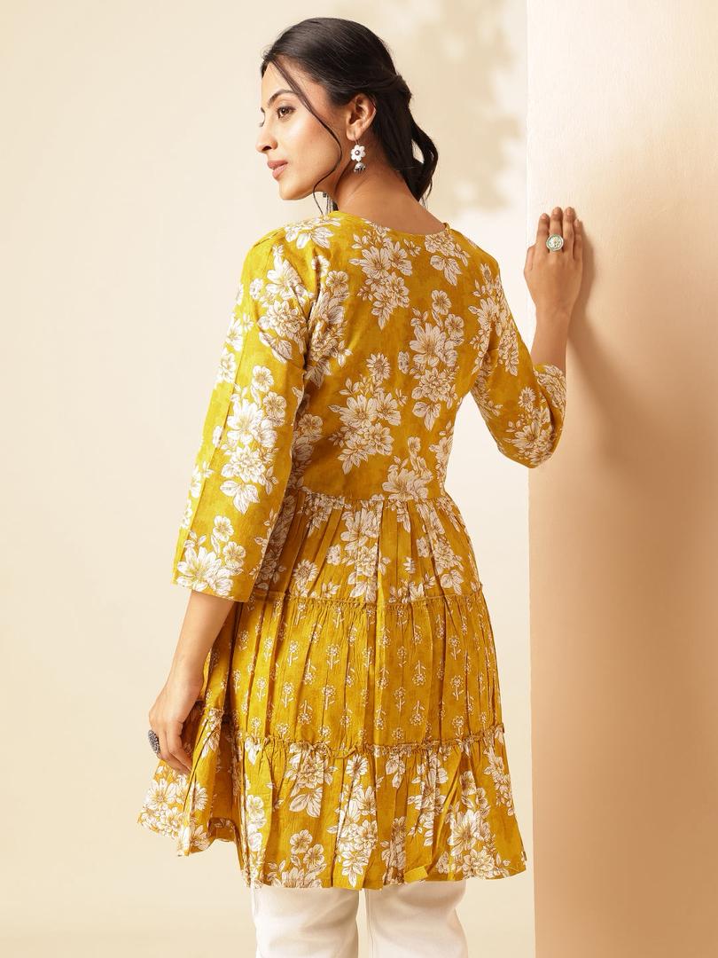 Yellow Floral Print Anarkali Cotton Tunic Top_1