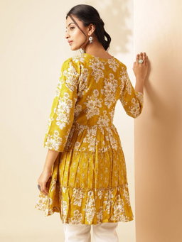 Yellow Floral Print Anarkali Cotton Tunic Top