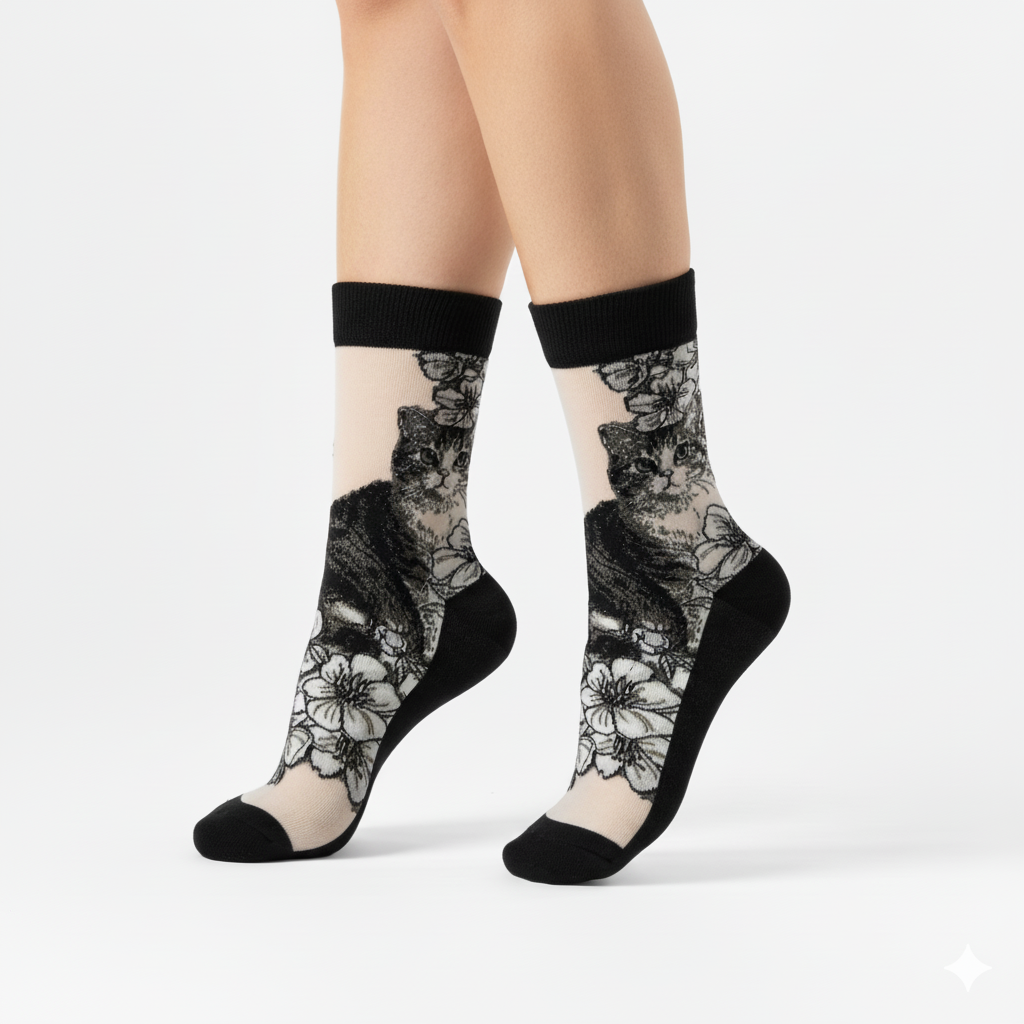 [10032] - 2 Pairs Women's High-Cotton High-Cut Crew Socks – Breathable, Cat/Floral Mix & Everyday Comfort_0