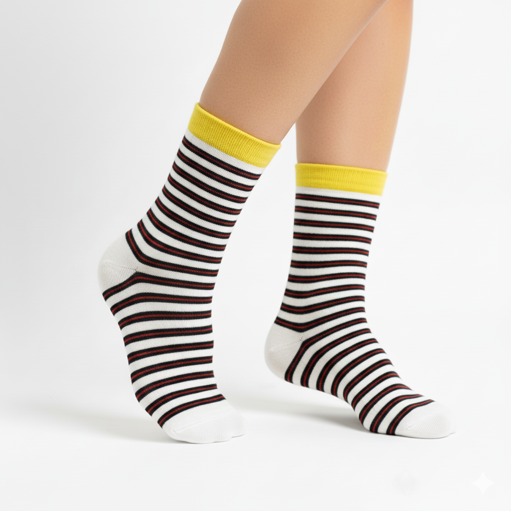 [10052] - 3 Pairs Women’s Cotton Blend High-Cut Crew Socks – Breathable Stripes/Plain & Everyday Comfort 
