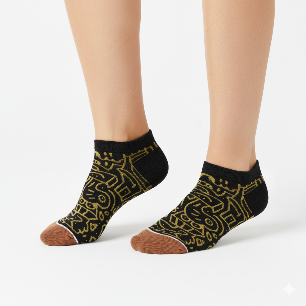 [10078] - 3 Pairs Women’s High-Cotton Low-Cut Ankle Socks – Breathable, Sporty Leaf/Shape Motifs 