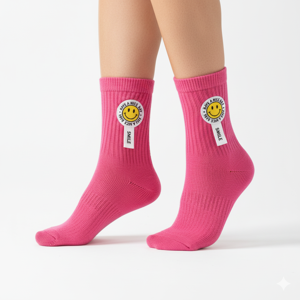 [10091] - 2 Pairs Women’s High-Cotton High-Cut Crew Socks – Breathable Stripes/Graphic Motifs 