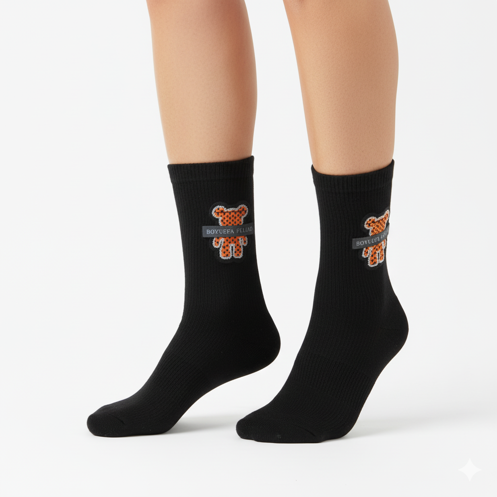 [10092] - 5 Pairs Women’s High-Cotton High-Cut Crew Socks – Breathable Shapes/Graphic Motifs _1