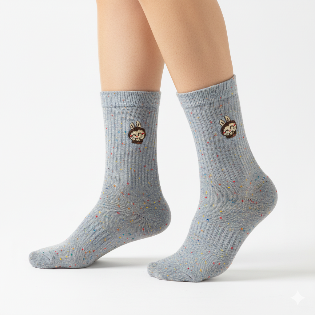 [10101] - 3 Pairs Women’s Cotton Blend High-Cut Crew Socks – Breathable Graphics/Embroidery & Everyday Comfort 