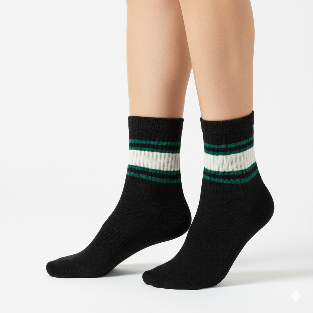 [10105] - 5 Pairs Men’s High-Cotton High-Cut Crew Socks – Breathable Stripes/Alphabet Detail 