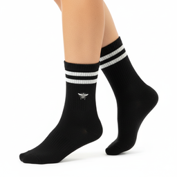 [10128] - 3 Pairs Women’s Cotton Blend High-Cut Crew Socks – Breathable Stripes/Plain & Comfort 