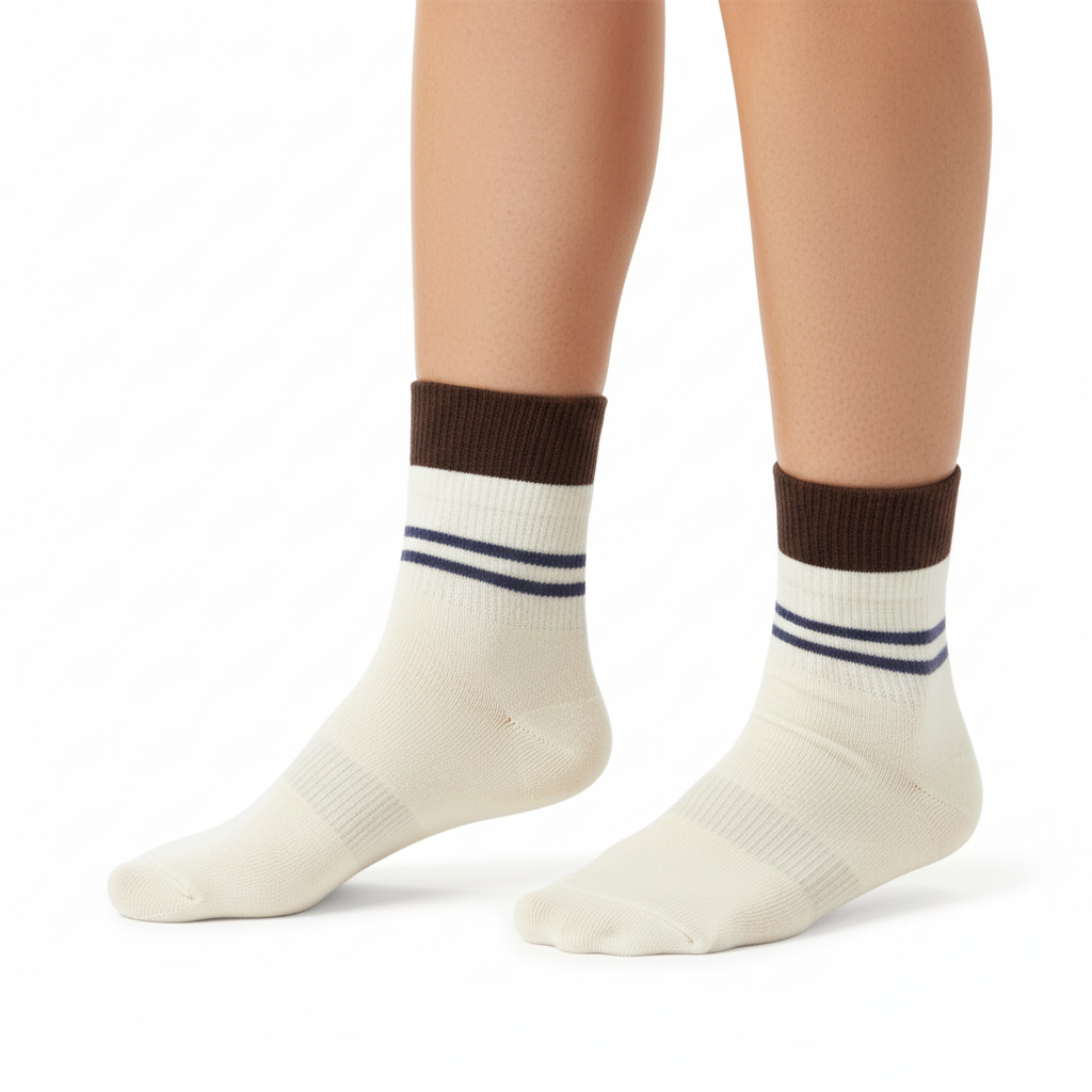 [10143] - 3 Pairs Women’s Cotton Blend High-Cut Crew Socks – Breathable Stripes/Plain & Comfort 