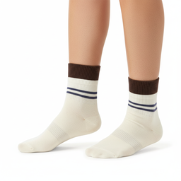 [10143] - 3 Pairs Women’s Cotton Blend High-Cut Crew Socks – Breathable Stripes/Plain & Comfort 