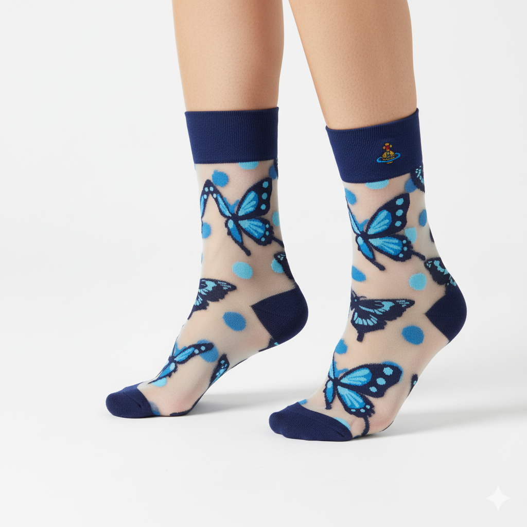 [20003] - 3 Pairs Women’s Sheer High-Cut Crew Socks – Breathable Butterfly/Floral Motifs_0