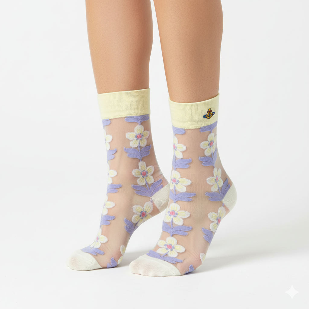 [20004] - 3 Pairs Women’s Sheer High-Cut Crew Socks – Breathable Floral Motifs