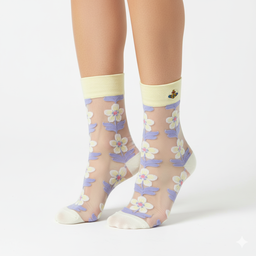 [20004] - 3 Pairs Women’s Sheer High-Cut Crew Socks – Breathable Floral Motifs