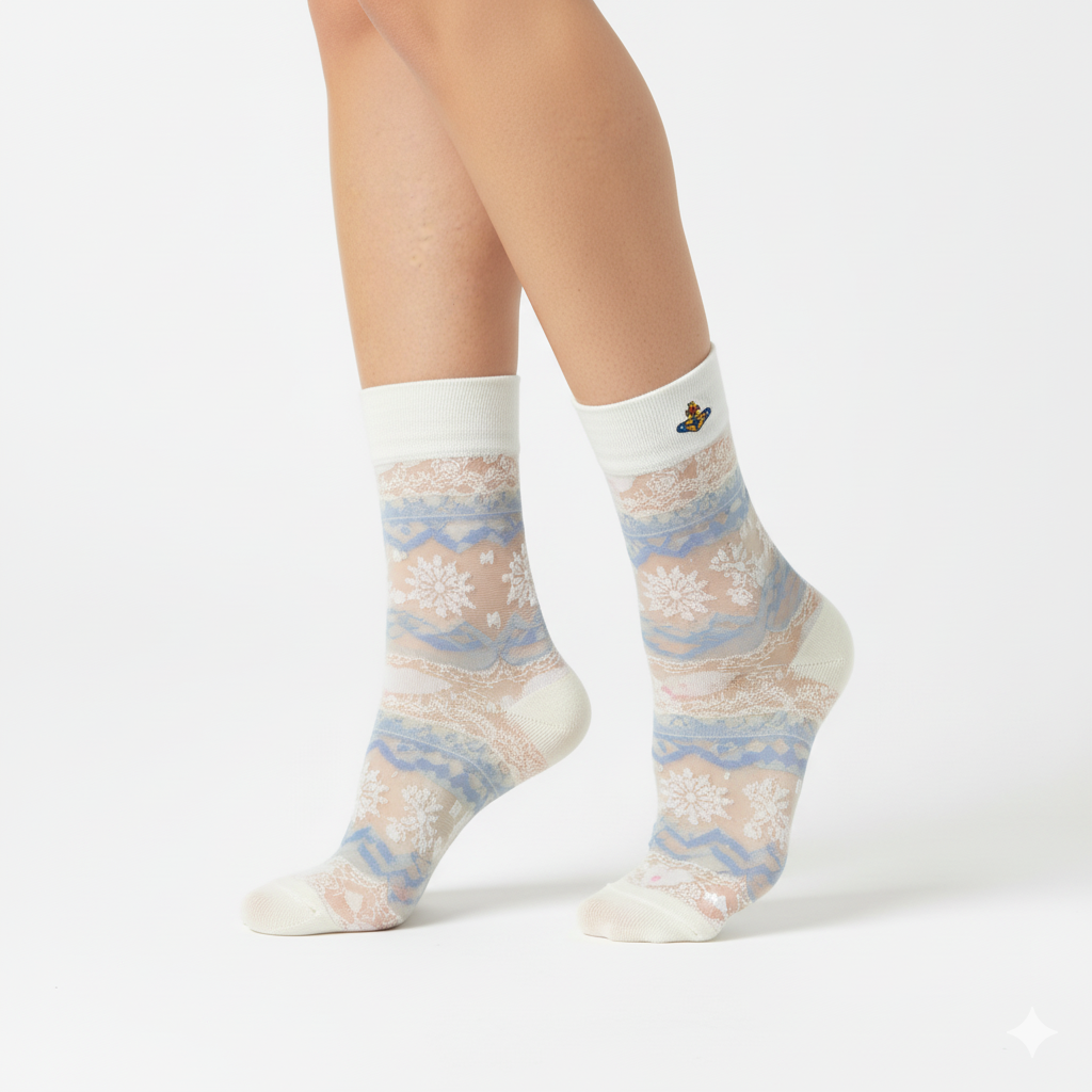 [20005] - 3 Pairs Women’s Sheer High-Cut Crew Socks – Breathable Floral Motifs_0