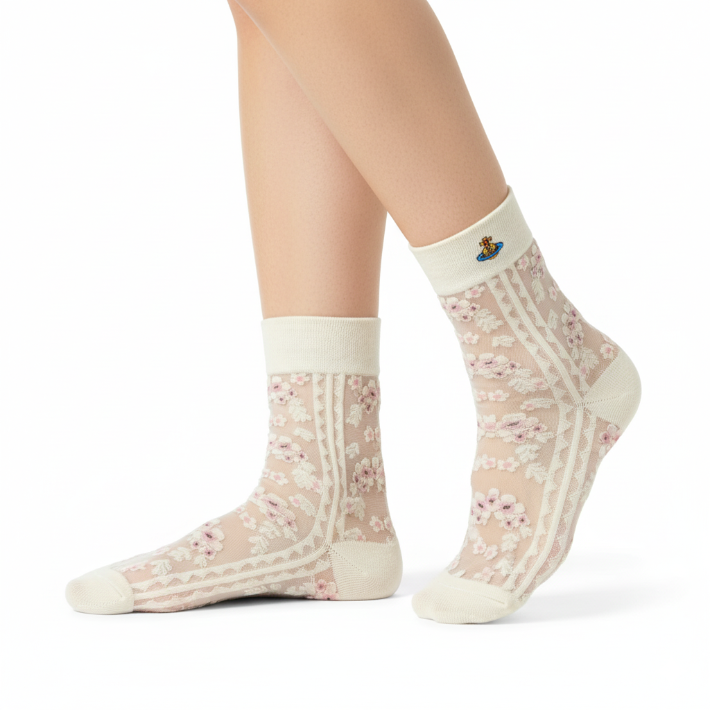 [20006] - 3 Pairs Women’s Sheer High-Cut Crew Socks – Breathable Floral Motifs