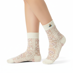 [20006] - 3 Pairs Women’s Sheer High-Cut Crew Socks – Breathable Floral Motifs