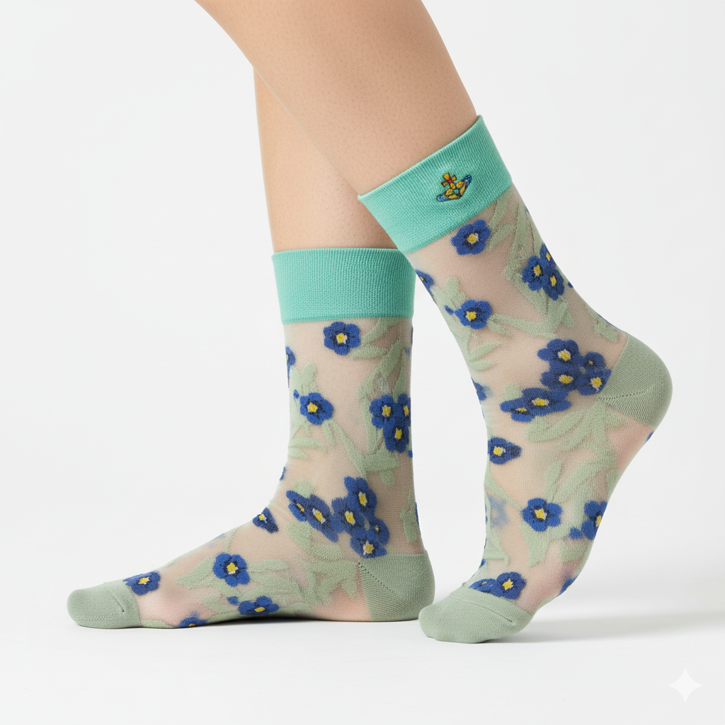 [20007] - 3 Pairs Women’s Sheer High-Cut Crew Socks – Breathable Butterfly/Floral Motifs