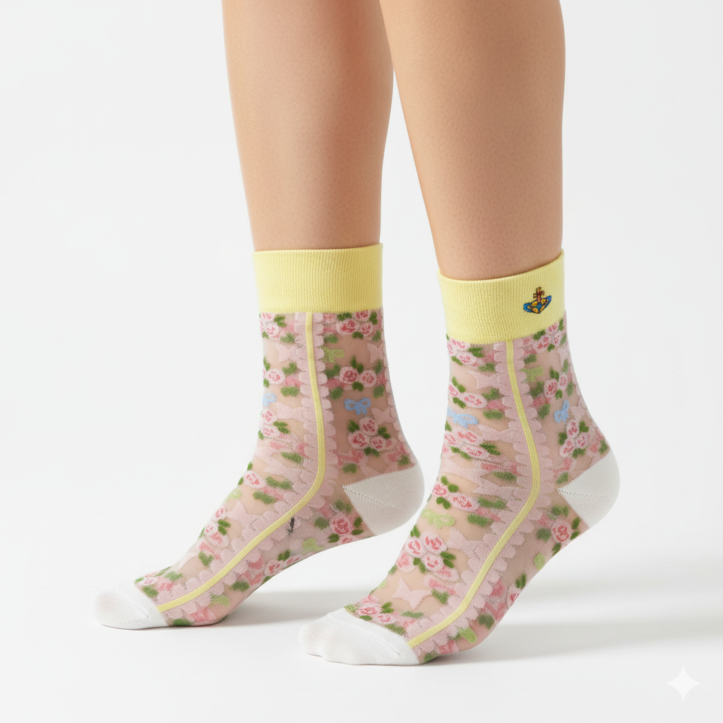 [20011] - 3 Pairs Women’s Sheer High-Cut Crew Socks – Breathable Floral Motifs_0