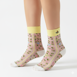 [20011] - 3 Pairs Women’s Sheer High-Cut Crew Socks – Breathable Floral Motifs