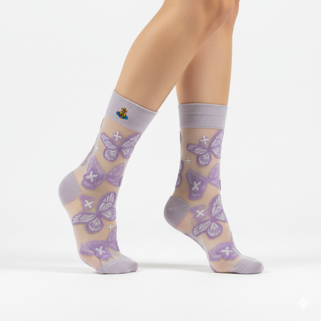 [20014] - 3 Pairs Women’s Sheer High-Cut Crew Socks – Breathable Floral/Butterfly Motifs