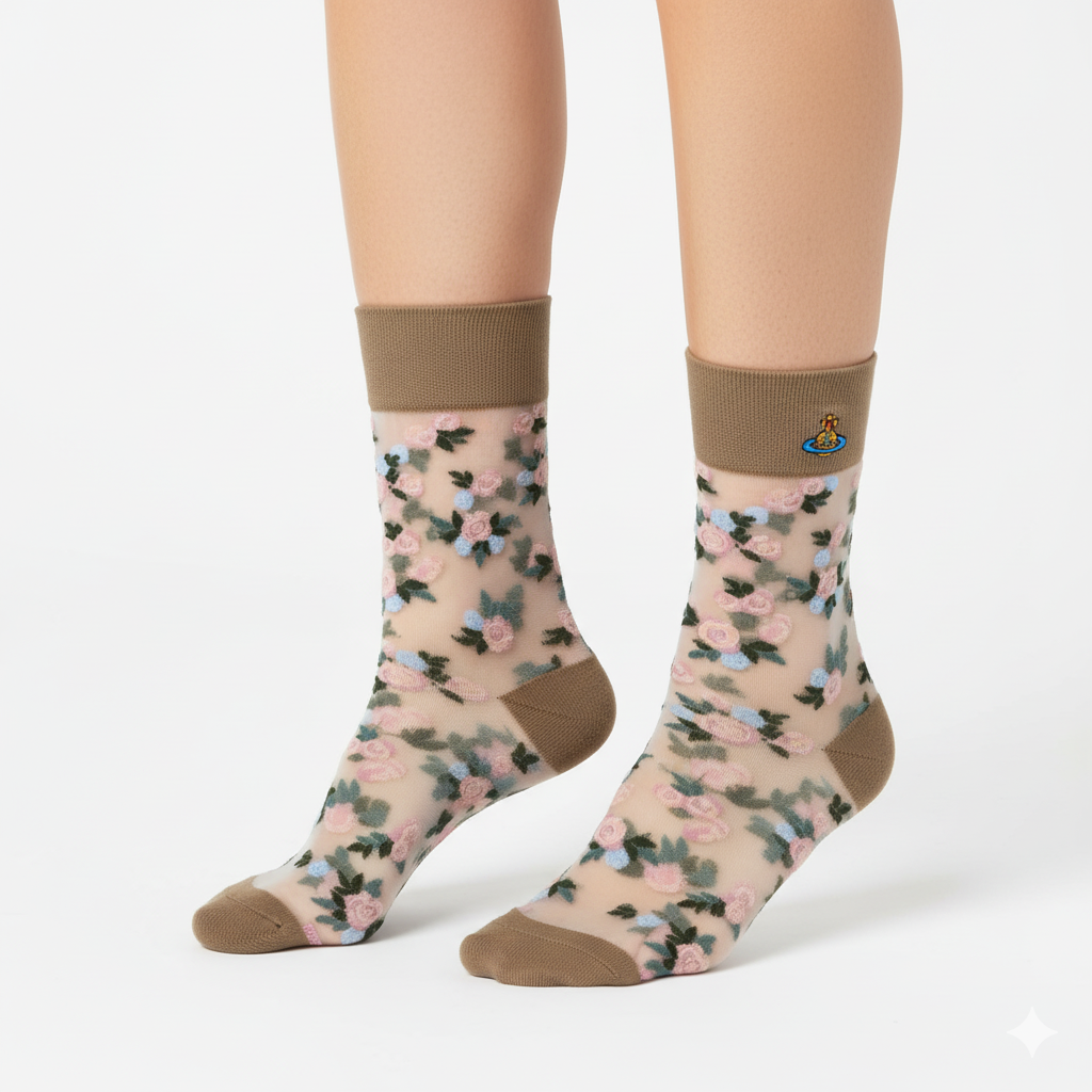 [20015] - 3 Pairs Women’s Sheer High-Cut Crew Socks – Breathable Floral Motifs